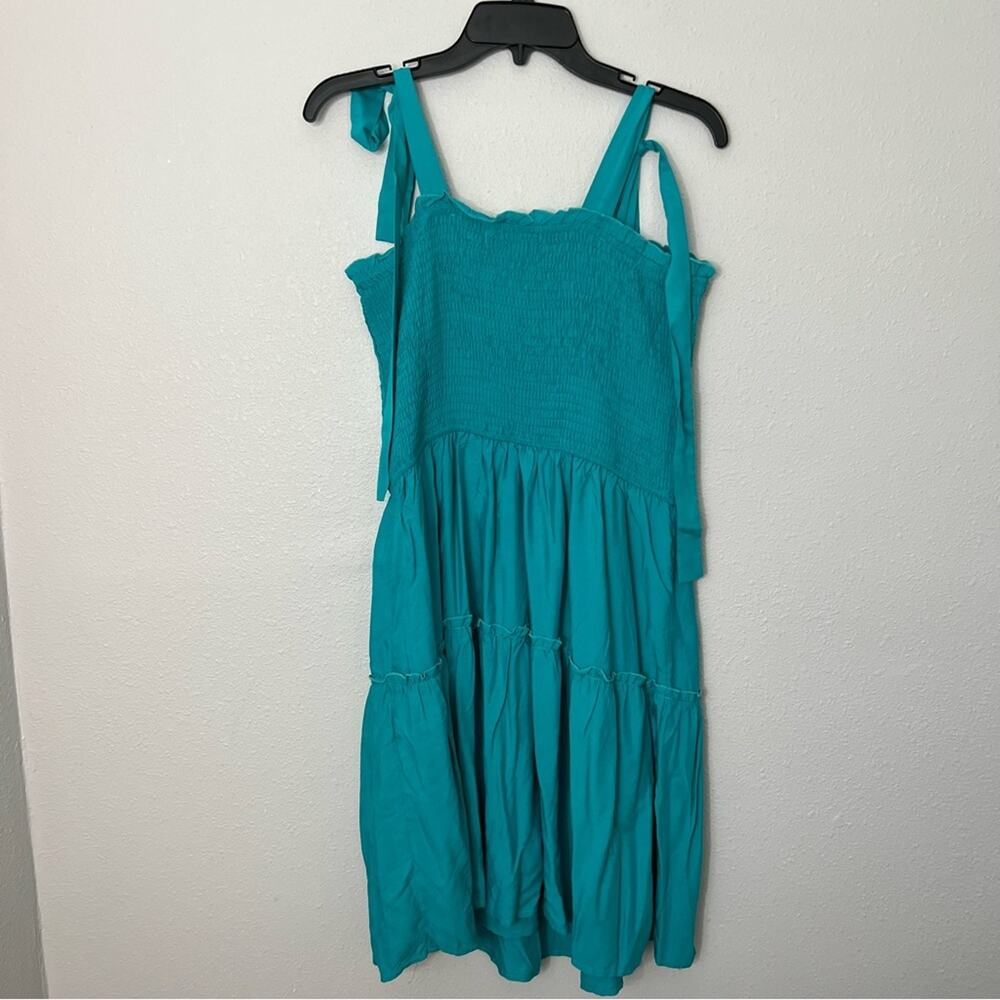 New Fashion Aqua Teal Rayon Smocked Tie Strap Tiered Knee Length Dress Size L